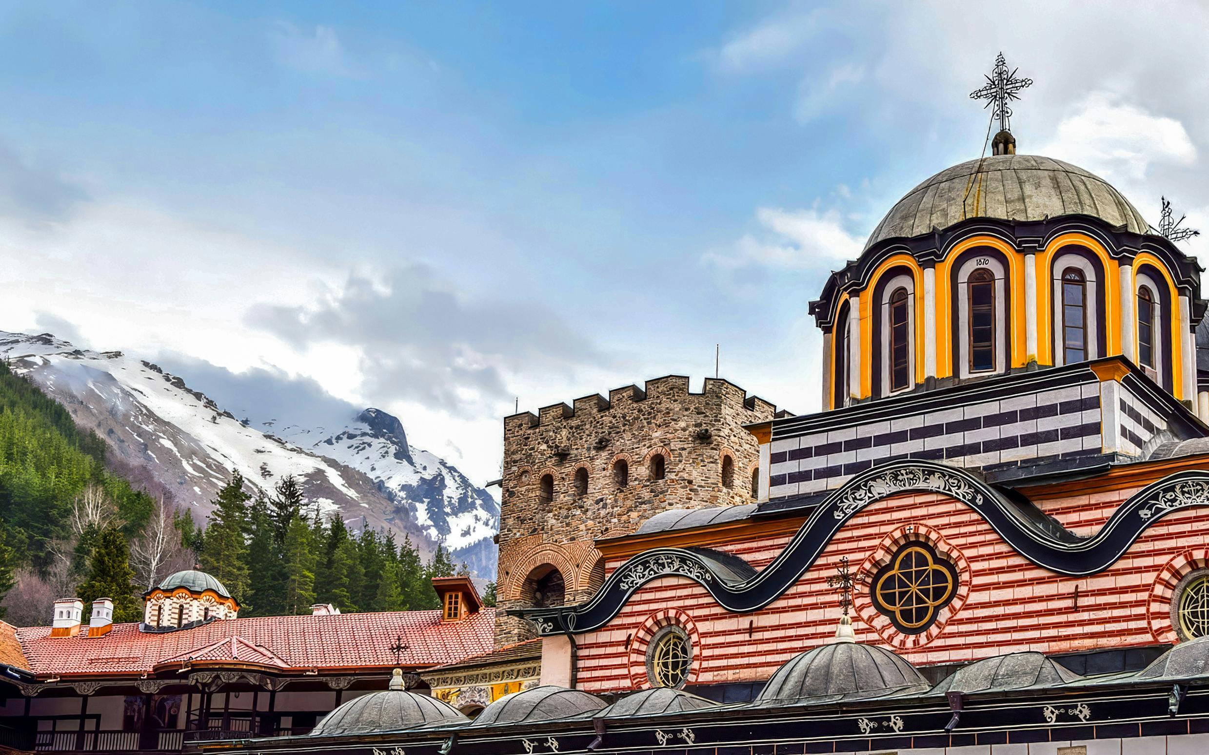 Rila Monastery with snow-capped mountains in the background, Sofia, Bulgaria.