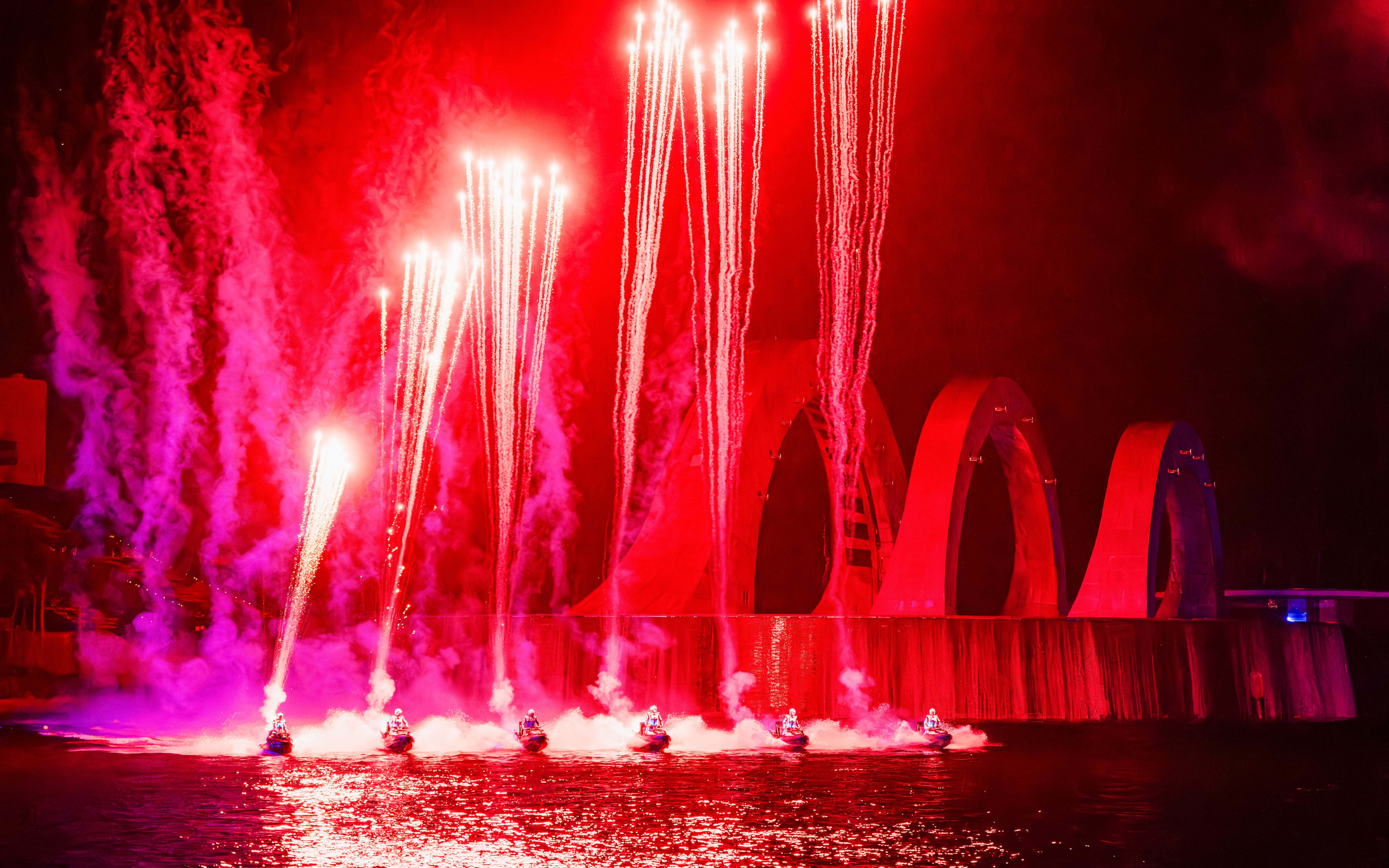 Fireworks and performers on jet skis at Symphony of the Sea show.