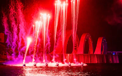 Fireworks and performers on jet skis at Symphony of the Sea show.