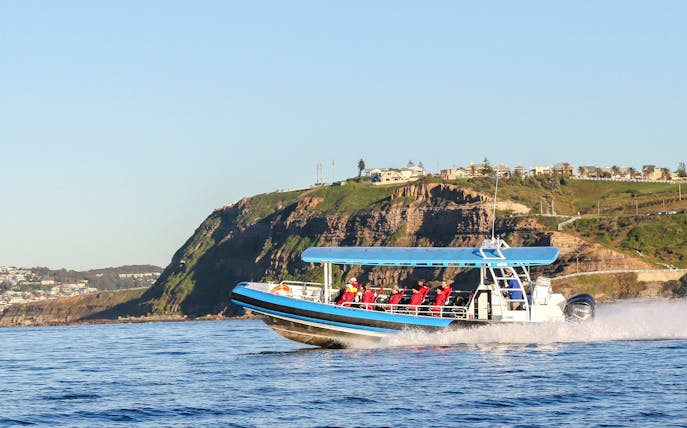 Adventure boat tour along Newcastle coastline with passengers enjoying the view.