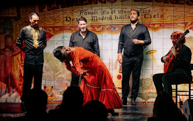 Flamenco dancer in red dress performing with musicians at Flamenco De Leones Show.