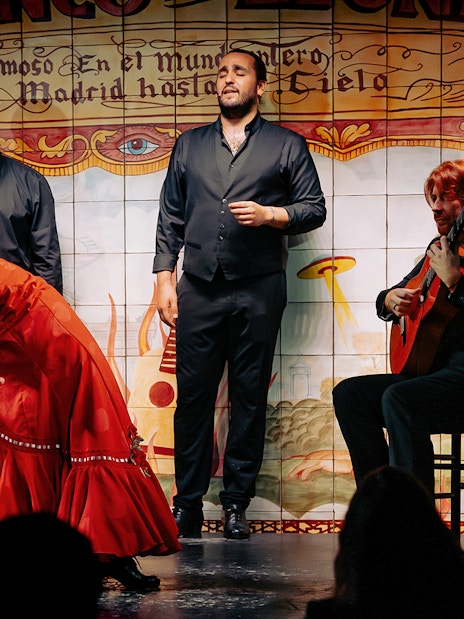 Flamenco dancer in red dress performing with musicians at Flamenco De Leones Show.