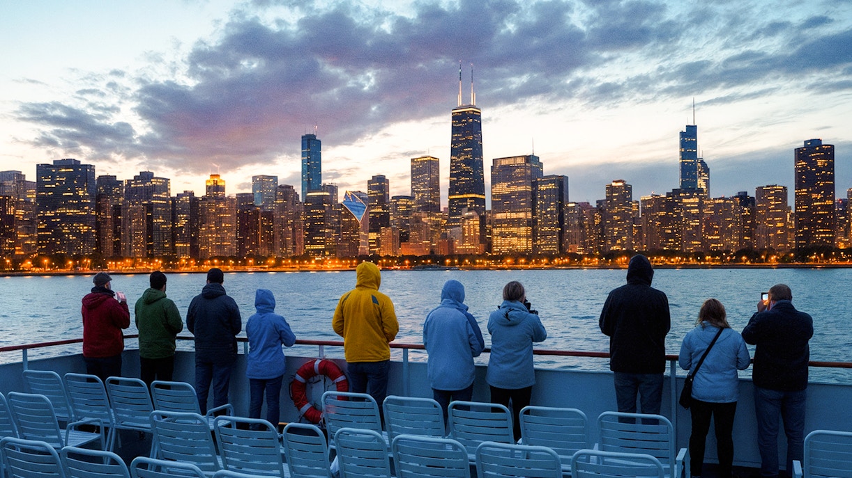 People on a boat deck viewing Chicago skyline at dusk with water and cloudy sky.