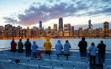 People on a boat deck viewing Chicago skyline at dusk with water and cloudy sky.