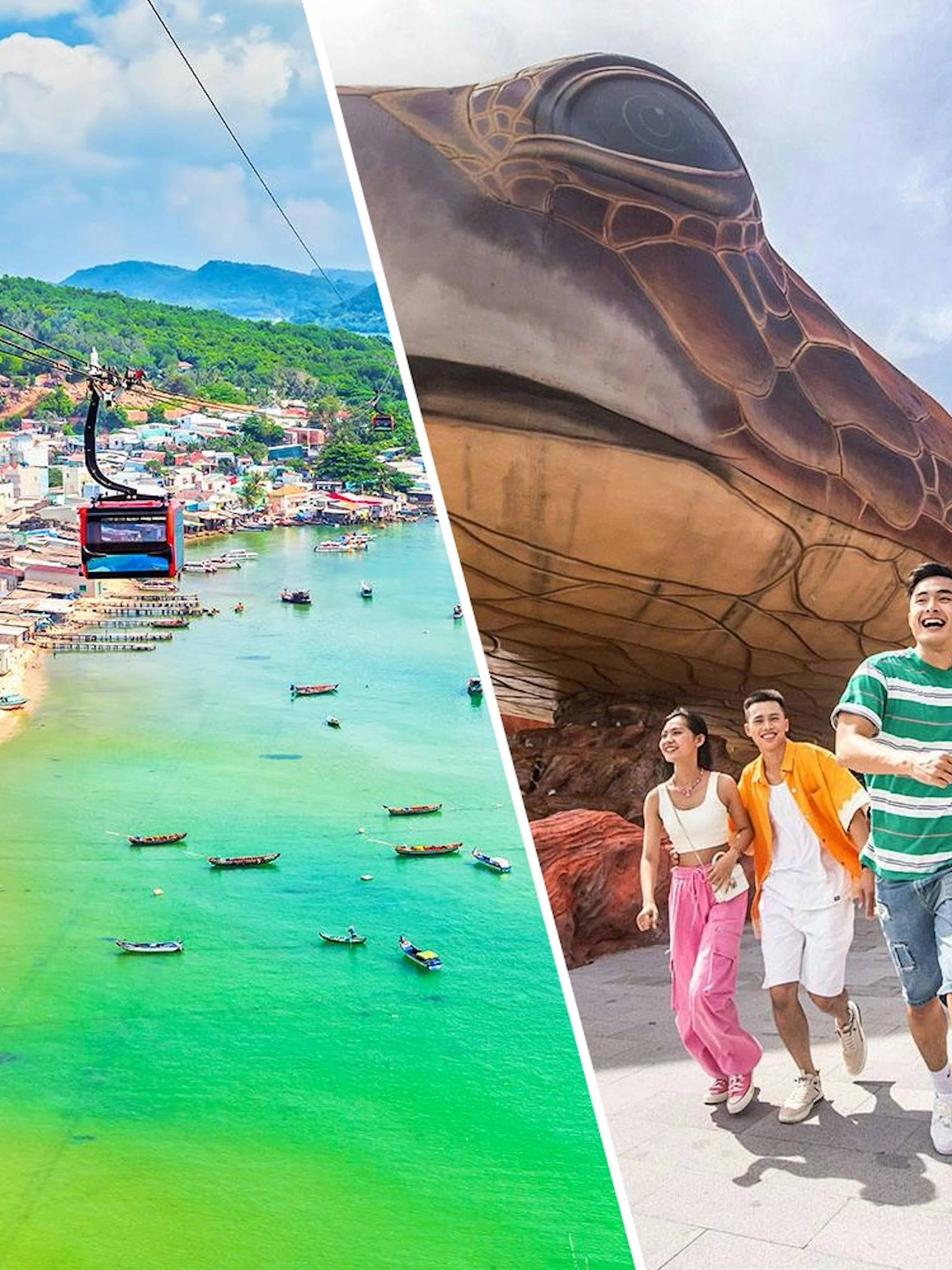 Cable car over Phu Quoc coastline and guests at VinWonders Phu Quoc.