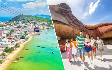 Cable car over Phu Quoc coastline and guests at VinWonders Phu Quoc.