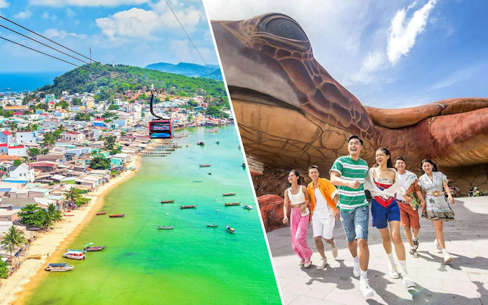 Cable car over Phu Quoc coastline and guests at VinWonders Phu Quoc.