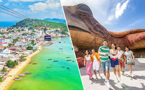 Cable car over Phu Quoc coastline and guests at VinWonders Phu Quoc.