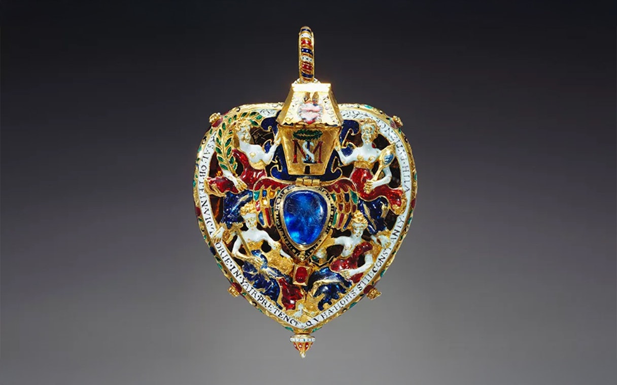 Ornate jeweled pendant with blue stone at Palace of Holyroodhouse.
