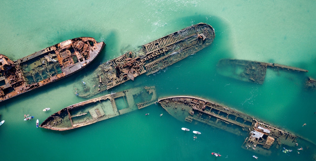Birds-eye view of Tangalooma Shipwrecks in turquoise waters, Brisbane, Australia.