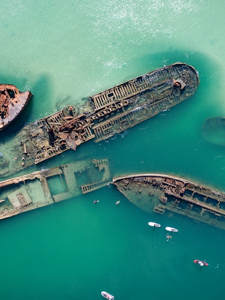 Birds-eye view of Tangalooma Shipwrecks in turquoise waters, Brisbane, Australia.