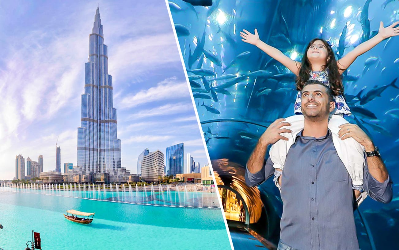 Burj Khalifa view and family enjoying Dubai Aquarium tunnel experience.