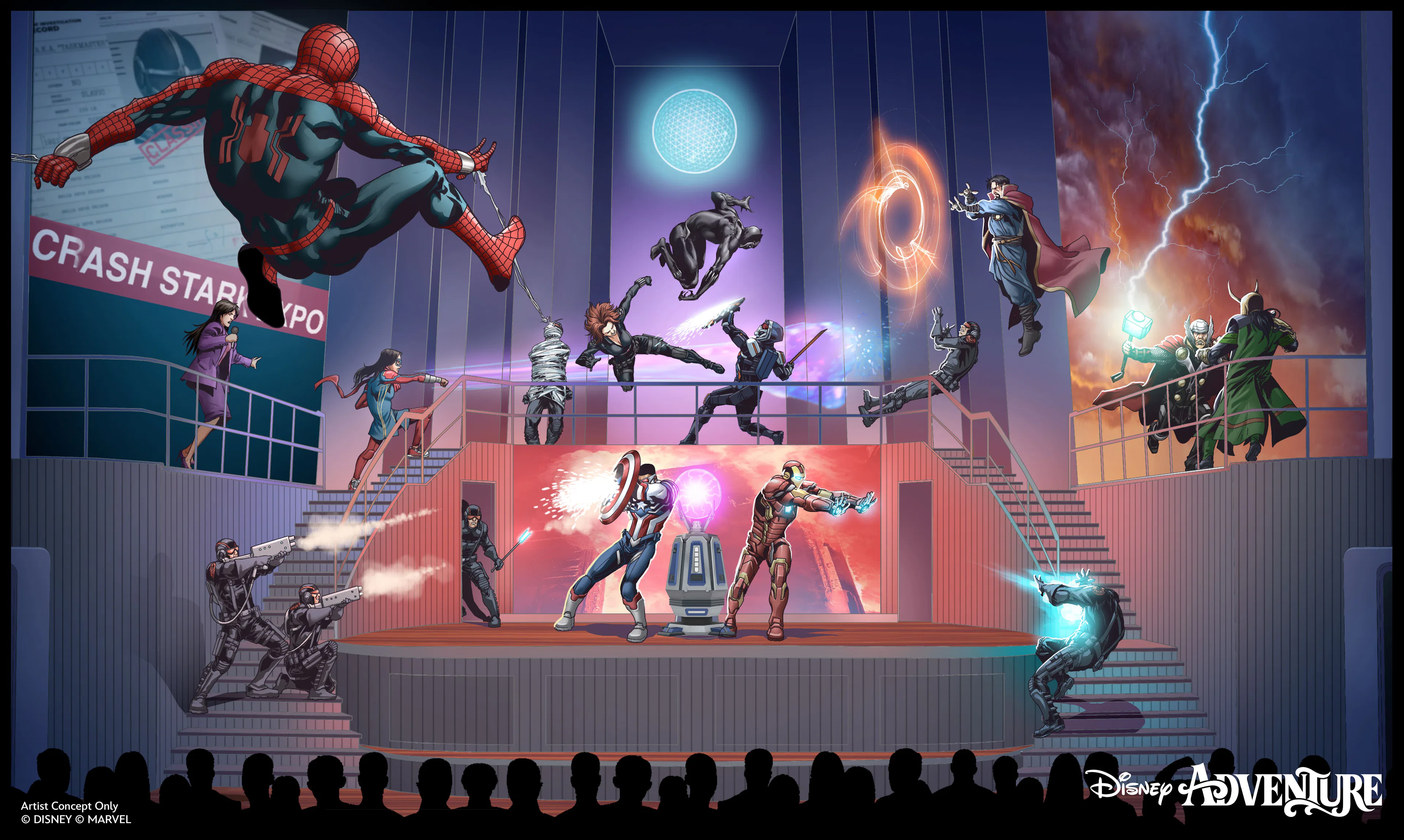 Marvel superheroes in action on Disney Cruise Line stage show.