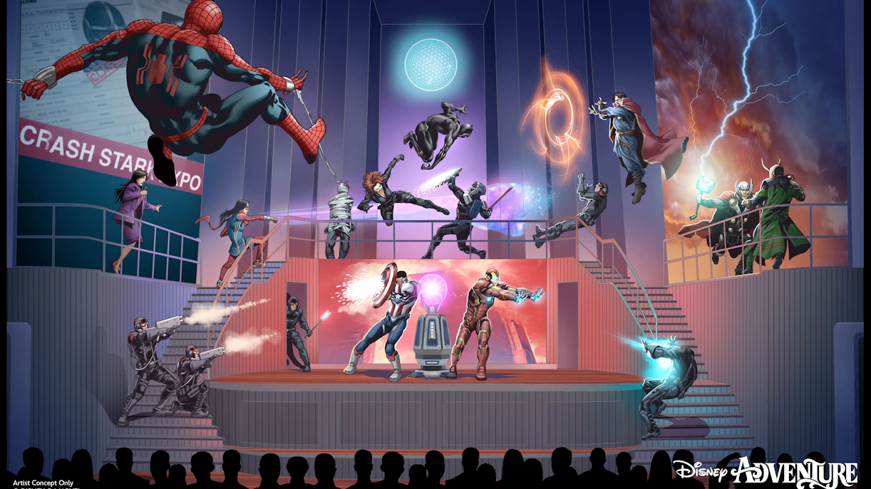 Marvel superheroes in action on Disney Cruise Line stage show.