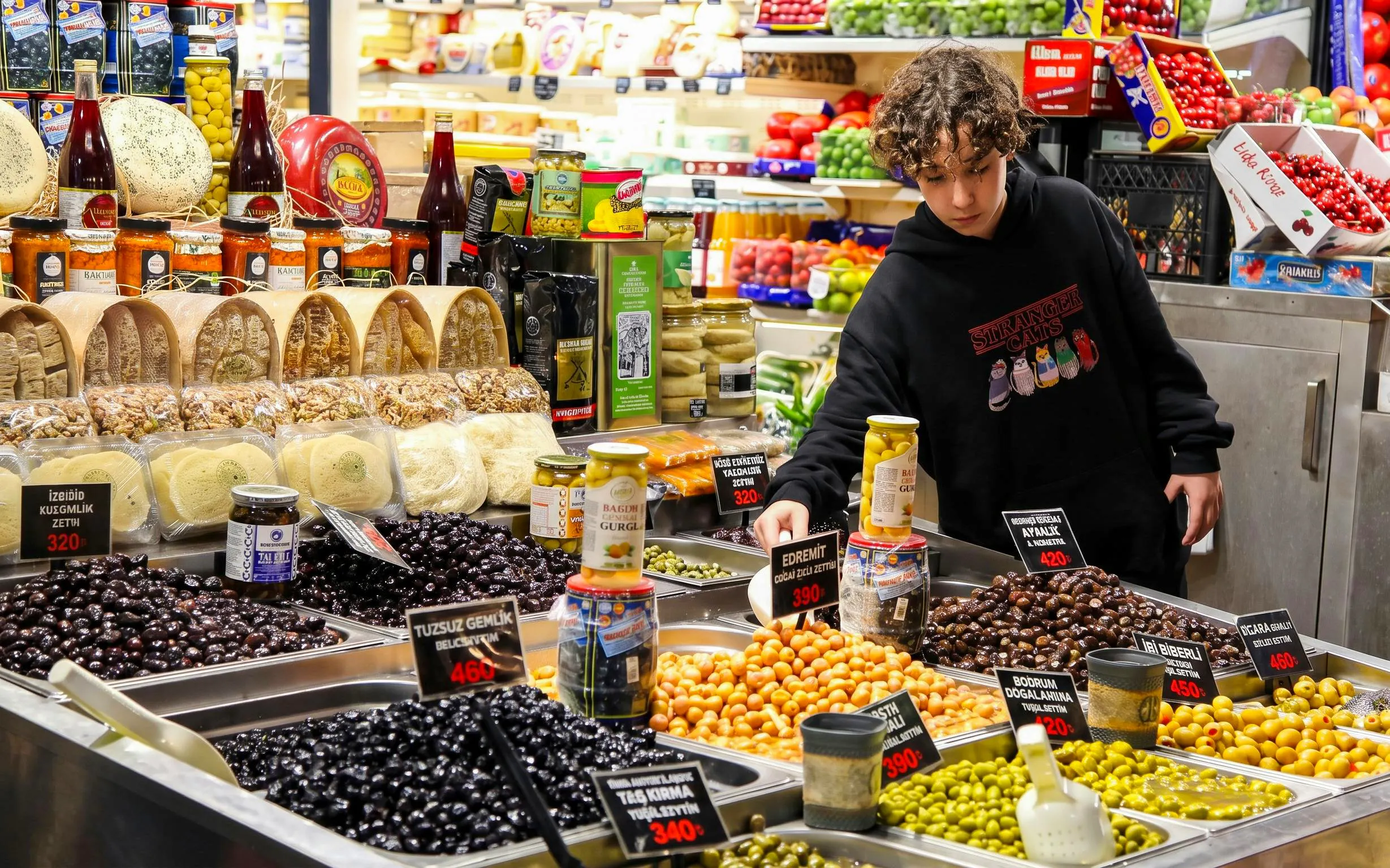 Market stall with olives and cheeses during Istanbul food tour.