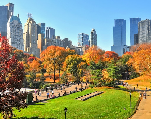 Central Park in autumn with colorful foliage and New York City skyline in the background.