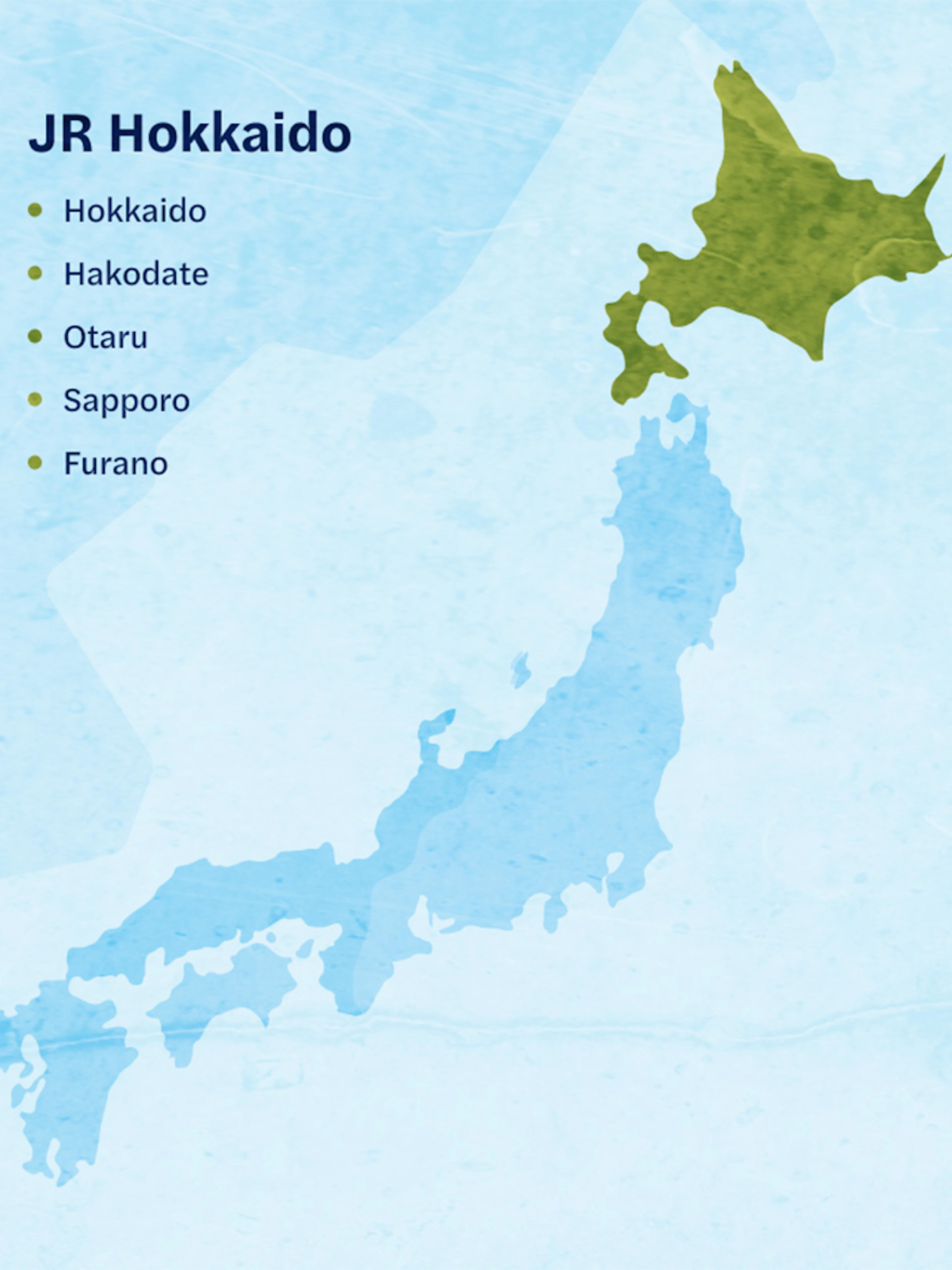 Map highlighting JR Hokkaido Rail Pass destinations: Hokkaido, Hakodate, Otaru, Sapporo, Furano.