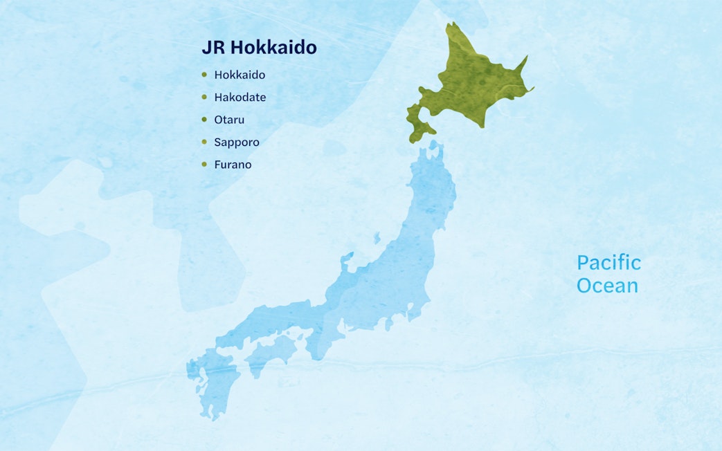 Map highlighting JR Hokkaido Rail Pass destinations: Hokkaido, Hakodate, Otaru, Sapporo, Furano.