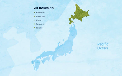 Map highlighting JR Hokkaido Rail Pass destinations: Hokkaido, Hakodate, Otaru, Sapporo, Furano.