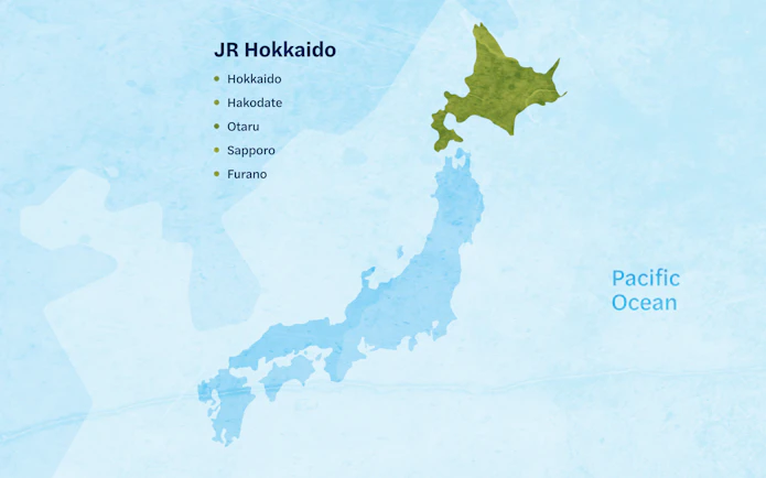 Map highlighting JR Hokkaido Rail Pass destinations: Hokkaido, Hakodate, Otaru, Sapporo, Furano.