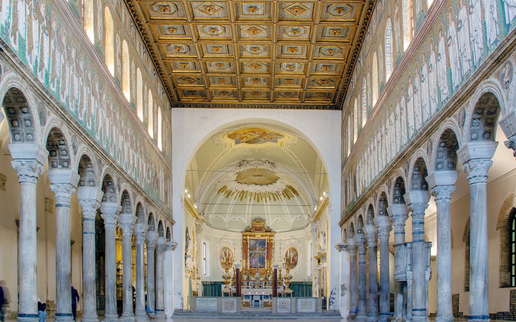 Mosaics and columns inside Basilica di Sant'Apollinare Nuovo, Ravenna.