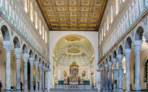 Mosaics and columns inside Basilica di Sant'Apollinare Nuovo, Ravenna.