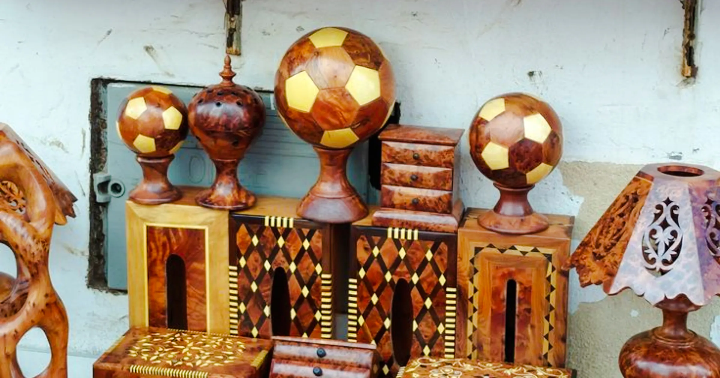 Wooden sculptures and boxes from Driftwood Upcycling and Wood Art Workshop, Essaouira.
