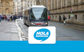 Tram on a busy street in Barcelona with Hola Barcelona logo.