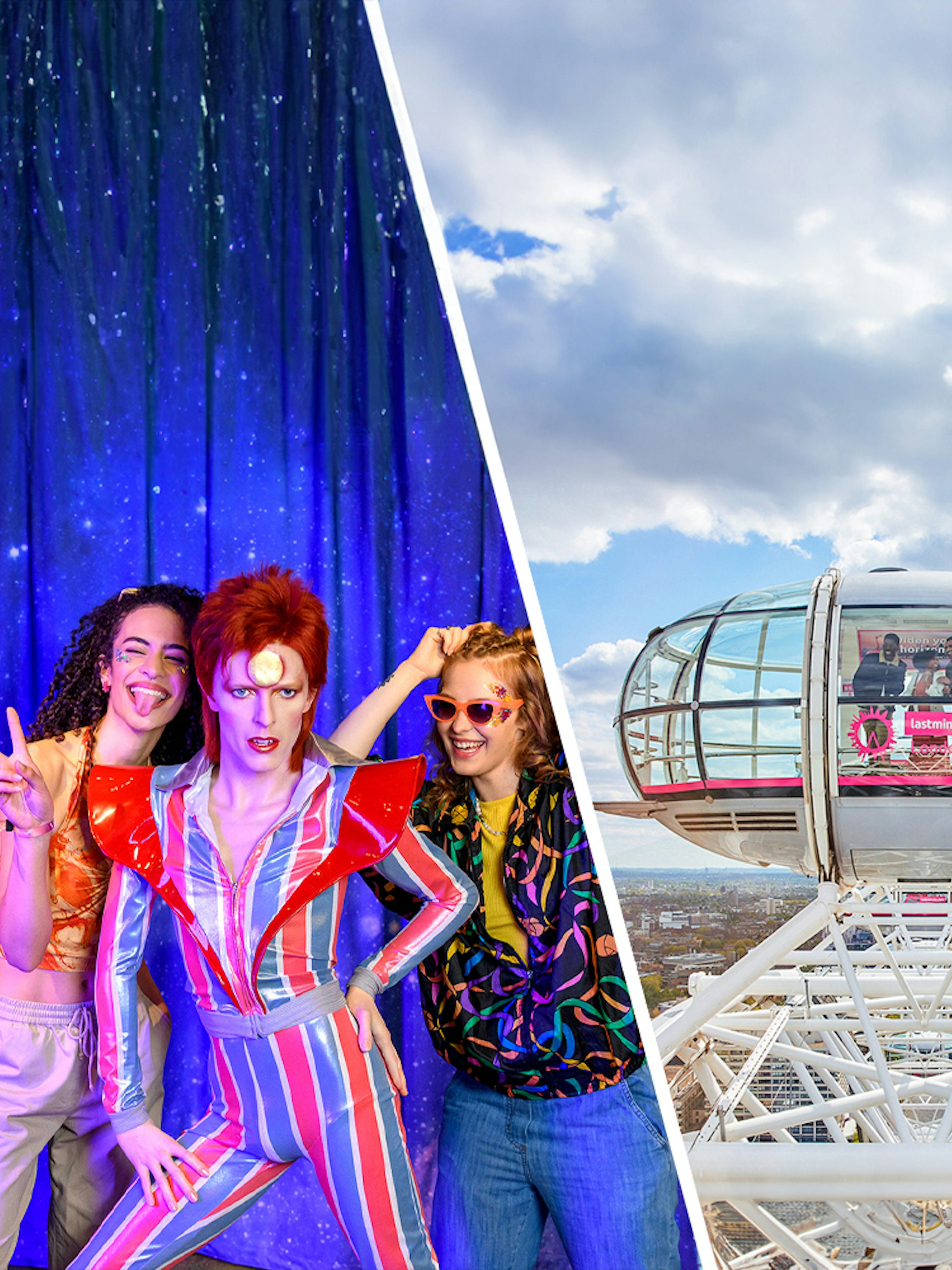 Madame Tussauds wax figures and London Eye capsule with city view.