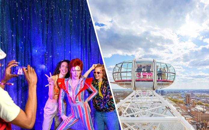 Madame Tussauds wax figures and London Eye capsule with city view.
