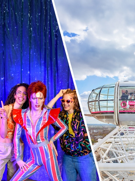 Madame Tussauds wax figures and London Eye capsule with city view.