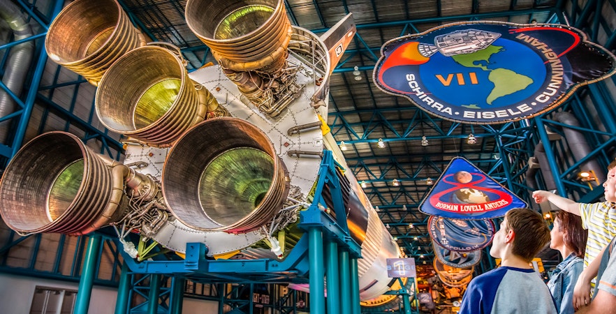 Saturn V rocket engines on display at Kennedy Space Center, Florida.
