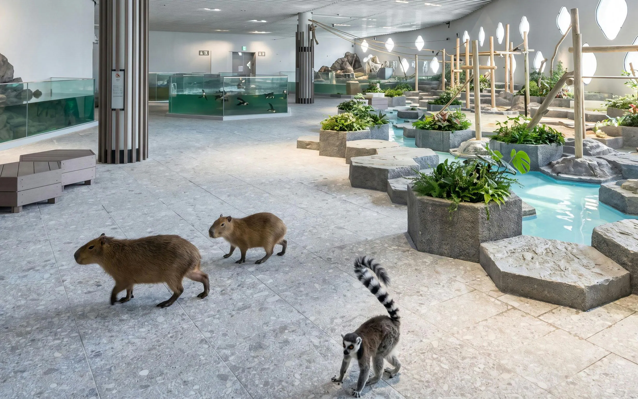 Capybaras and lemur in NIFREL Interactive Aquazoo exhibit, Japan.