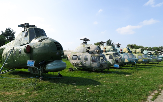 Helicopters displayed at the Polish Museum of Aviation in Krakow.