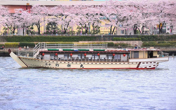 Traditional yakatabune boat on Tokyo river with cherry blossoms in background.