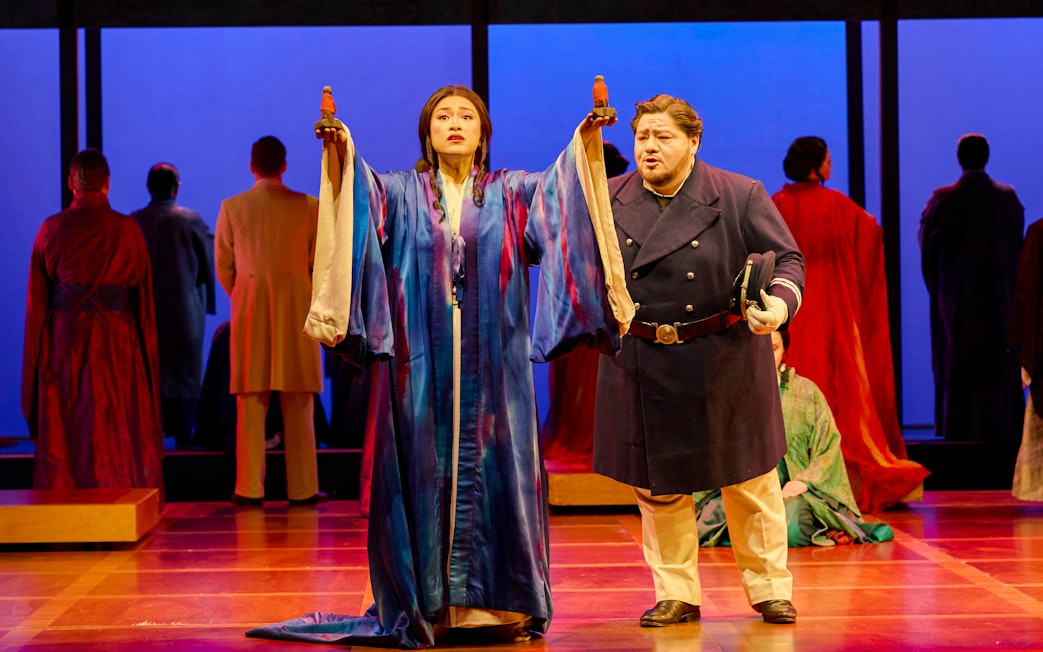 Stage performance of Madama Butterfly in Sydney with lead characters in traditional costumes.