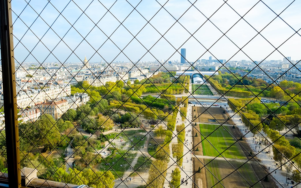 View of Paris from Eiffel Tower summit through safety grid, showcasing Champ de Mars and cityscape.