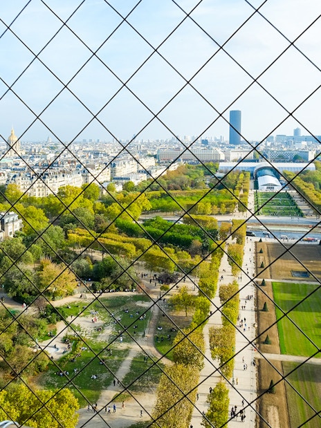 View of Paris from Eiffel Tower summit through safety grid, showcasing Champ de Mars and cityscape.