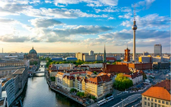 Berlin skyline with TV Tower and Berlin Cathedral along the Spree River.