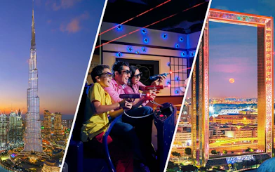 Burj Khalifa, family at IMG World, and Dubai Frame at sunset in Dubai.