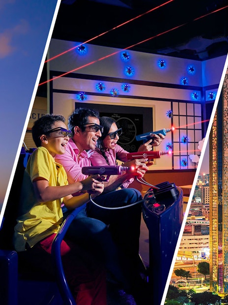 Burj Khalifa, family at IMG World, and Dubai Frame at sunset in Dubai.