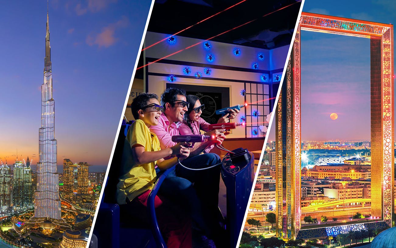 Burj Khalifa, family at IMG World, and Dubai Frame at sunset in Dubai.
