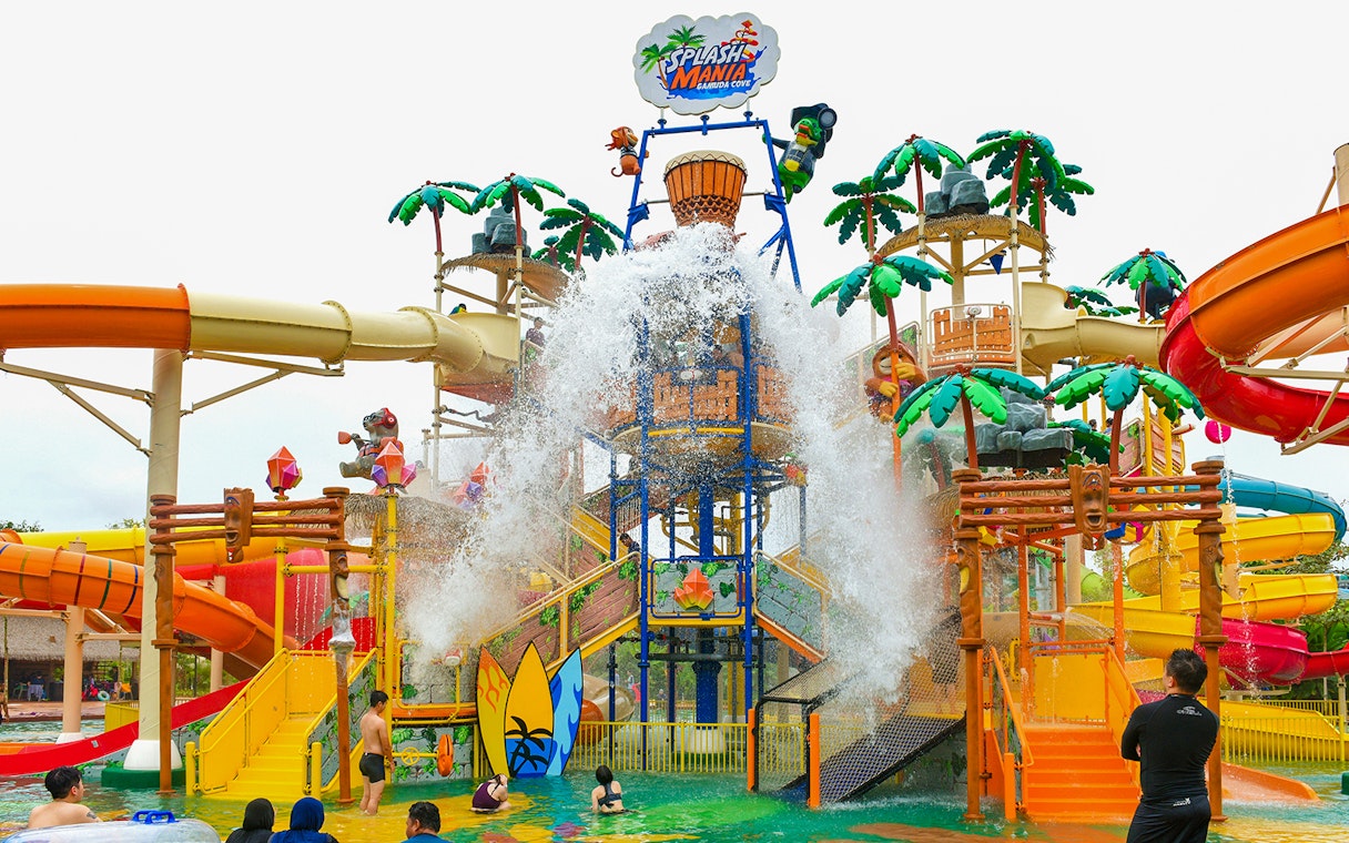 Water slides and splash tower at SplashMania Waterpark, Gamuda Cove, Selangor.