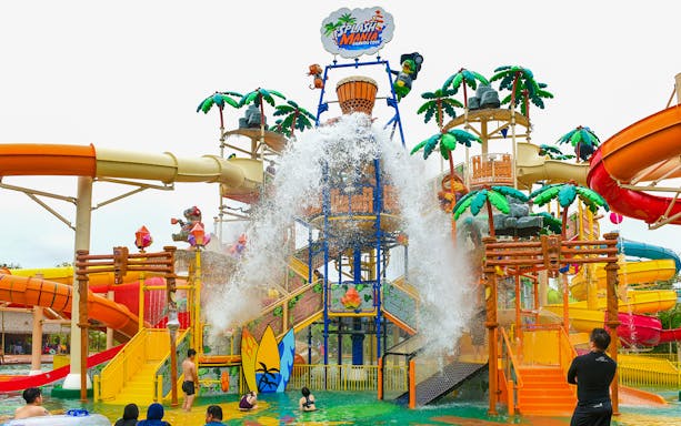 Water slides and splash tower at SplashMania Waterpark, Gamuda Cove, Selangor.