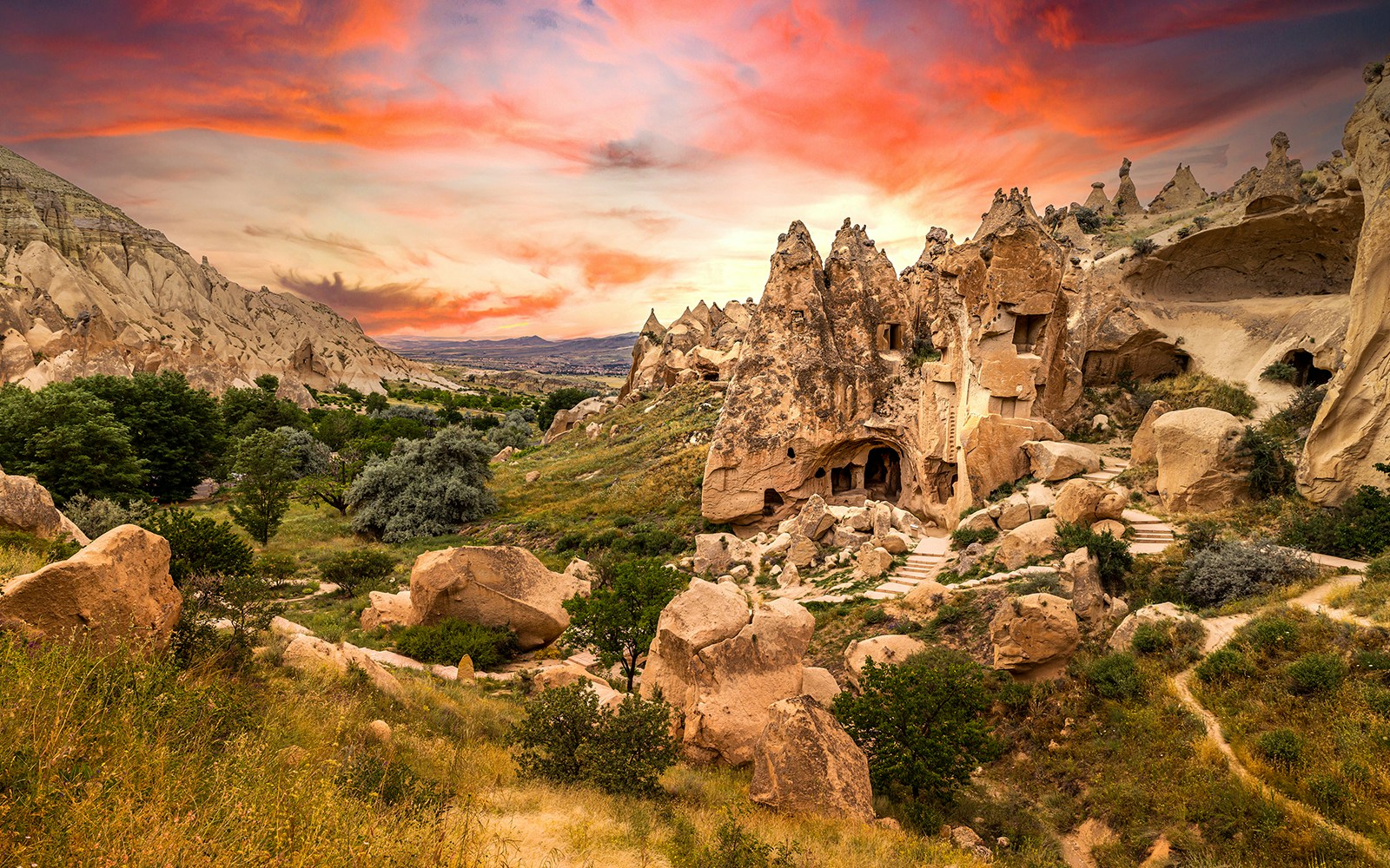 Zelve Open-Air Museum rock formations and cave dwellings at sunset, Cappadocia, Turkey.