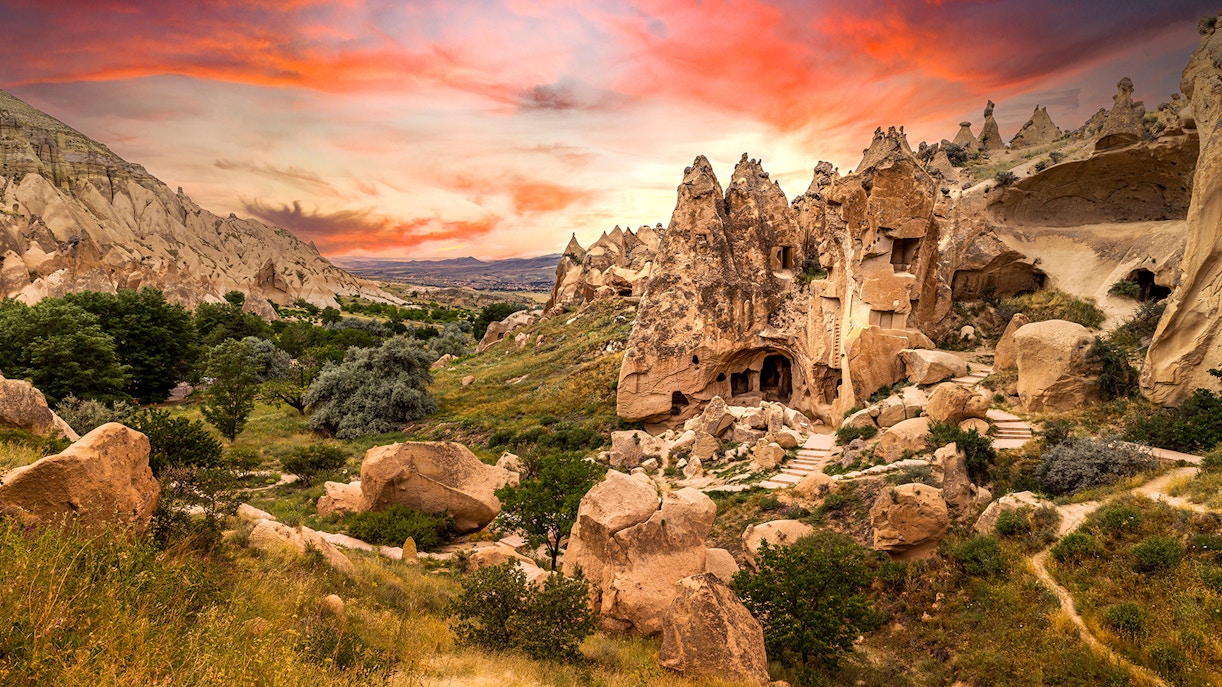 Zelve Open-Air Museum rock formations and cave dwellings at sunset, Cappadocia, Turkey.