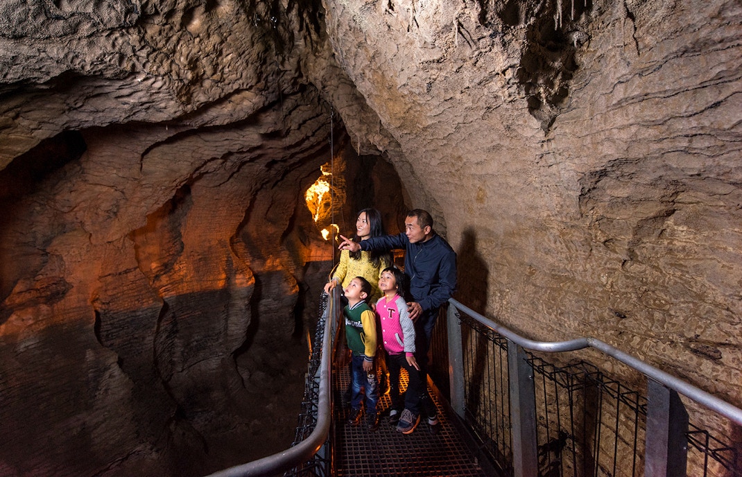 Family exploring Aranui Cave on guided tour, admiring rock formations.