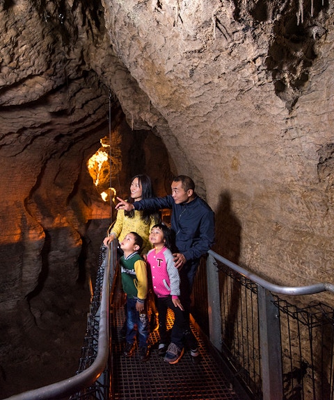 Family exploring Aranui Cave on guided tour, admiring rock formations.