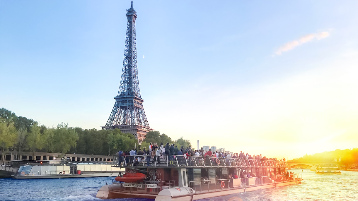 Eiffel Tower view from Seine River cruise in Paris, France.
