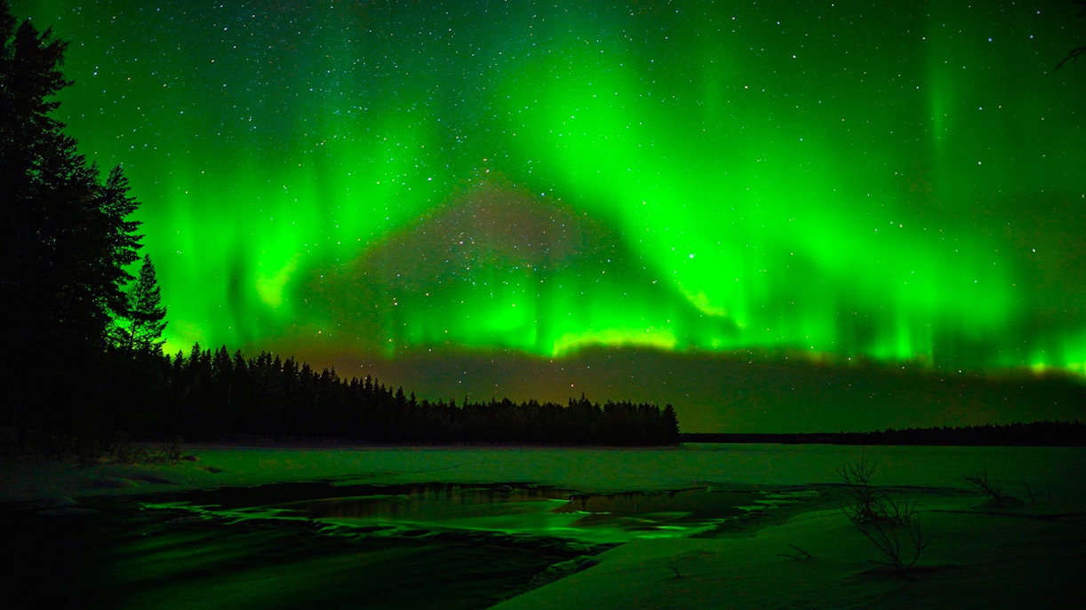 Northern Lights over snowy landscape during chase tour.